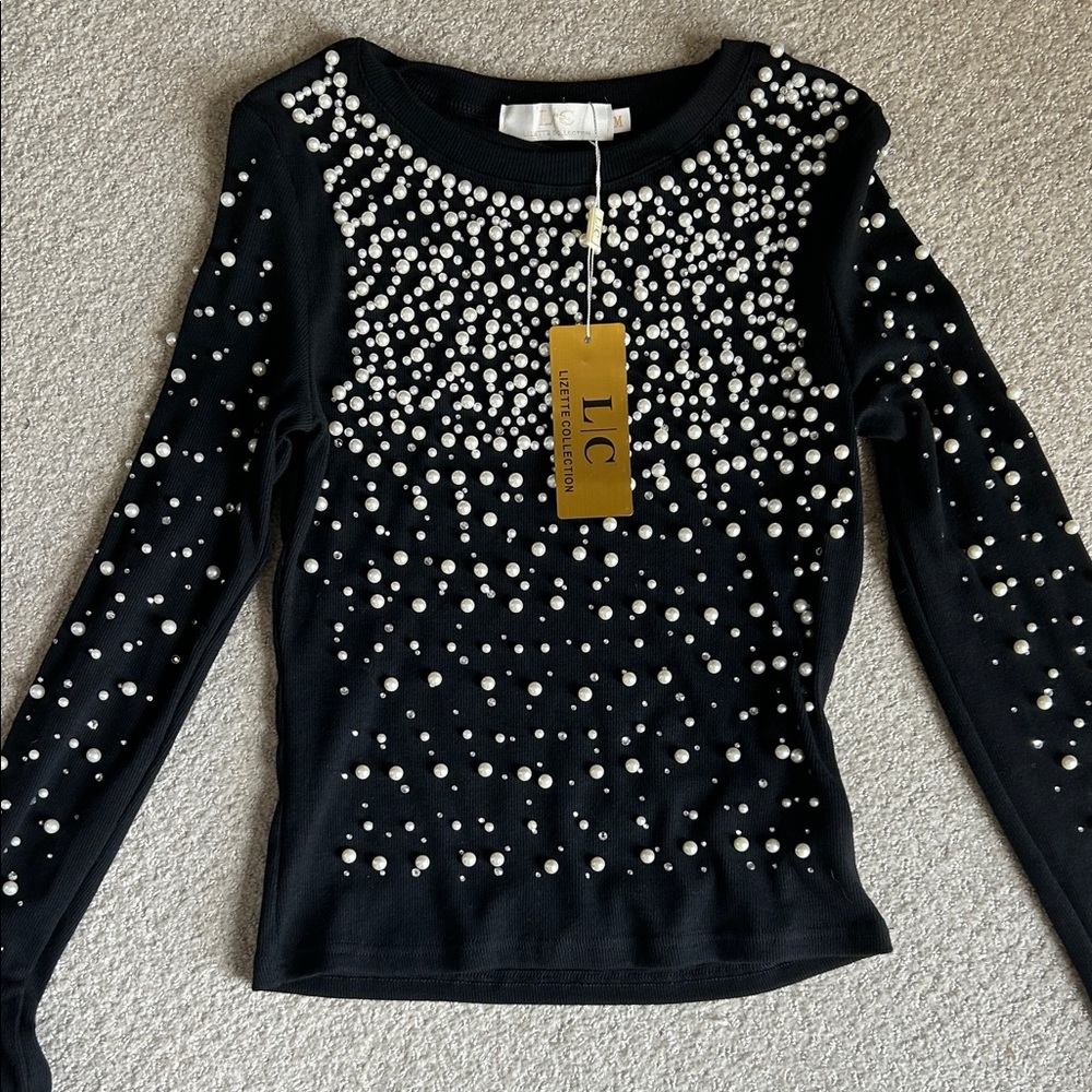 Elegant Black Pearl Embellished Long Sleeve sweater